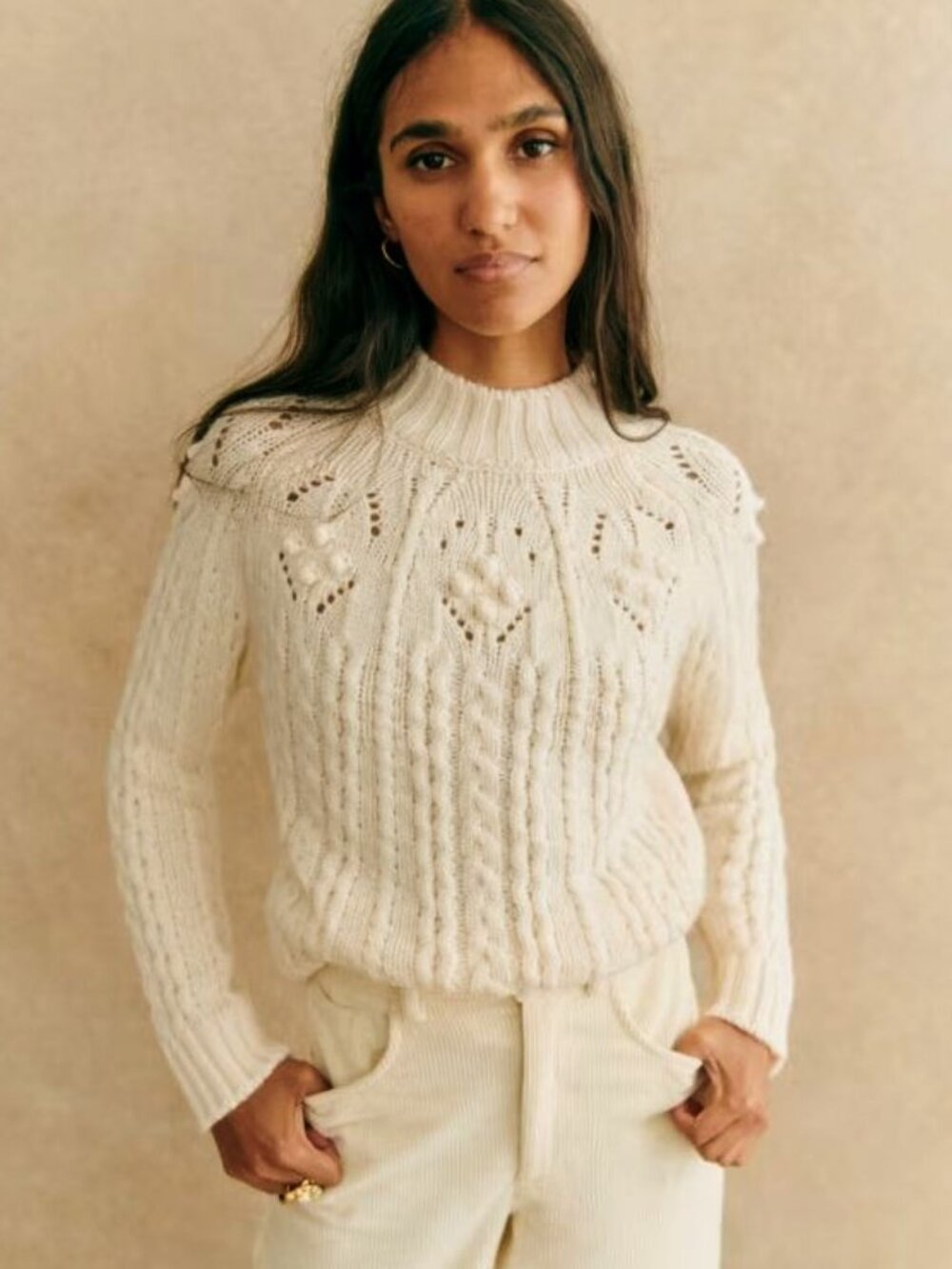 EUC Sezane Aubin 100% Merino Bobble Knit Wool Blend Sweater Ecru XS